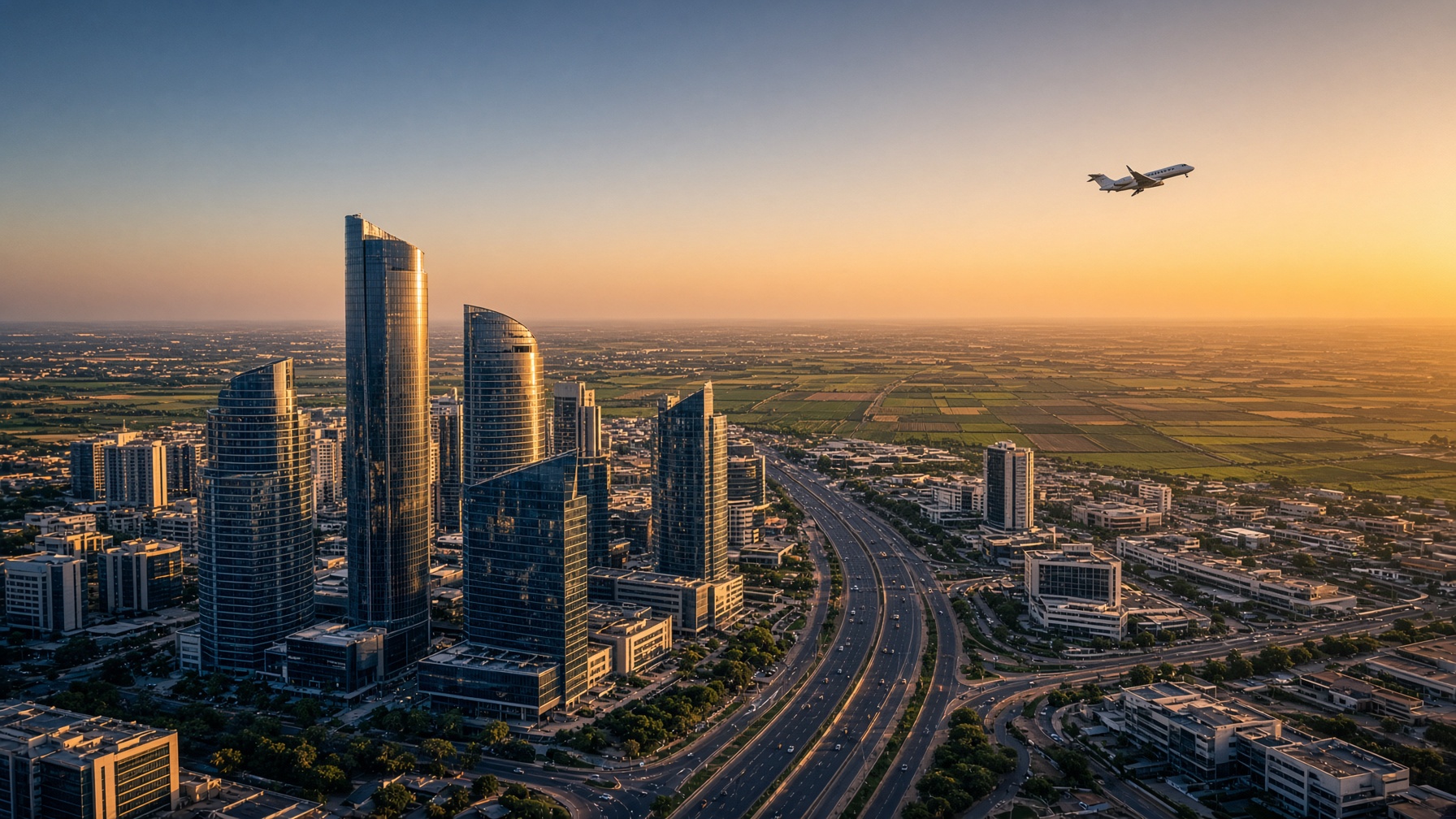 Aerial view of a modern capital at golden hour.
